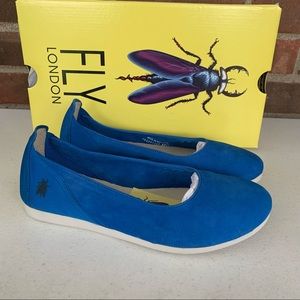 FLY London Women’s Cupido Leather Logo Slip On Flats Blue Leather EU 36 US 6 NEW